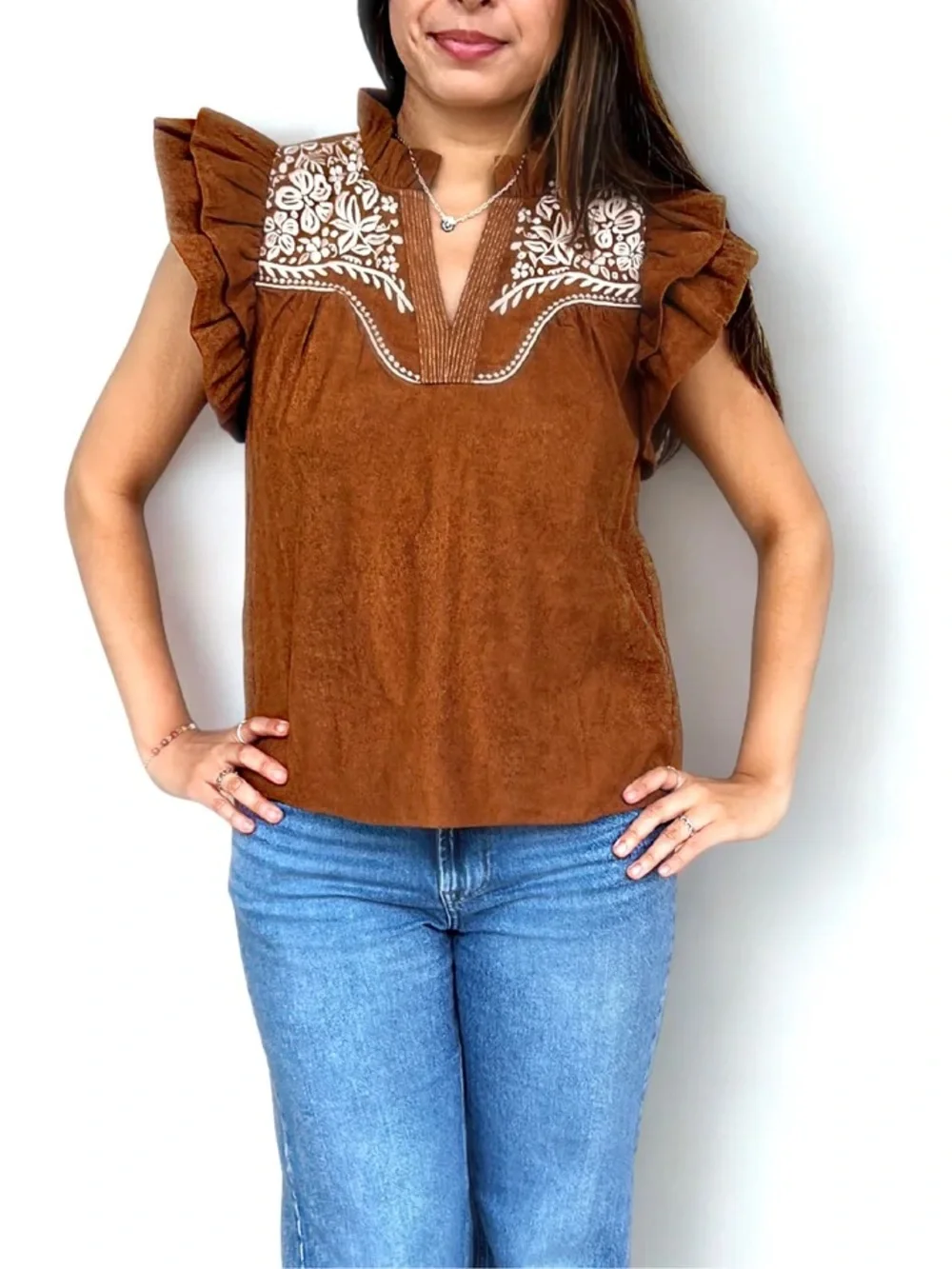 NWOT THML Anthropologie Flutter Sleeve Brown Corduroy Embroidered WesternTop Sm - Picture 2 of 5
